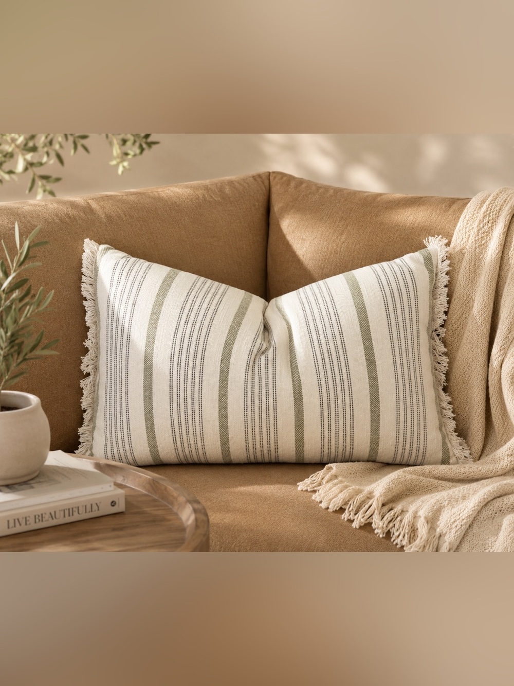 Neutral Striped Fringed Throw Pillow 24 x 13, Farmhouse Cottage Coastal Decor